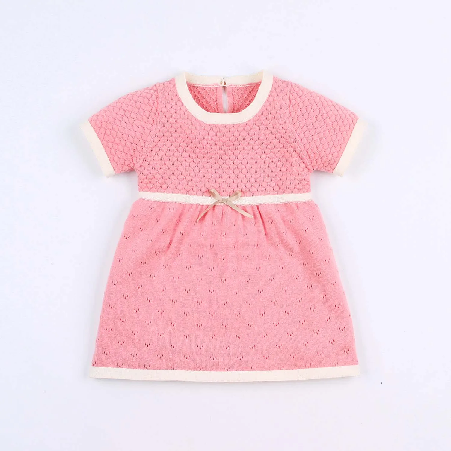 Вязаные платья для маленьких девочек; модное летнее праздничное платье с короткими рукавами для новорожденных; розовое платье трапециевидной формы для малышей; vestidos; костюм - Цвет: 82W487-2