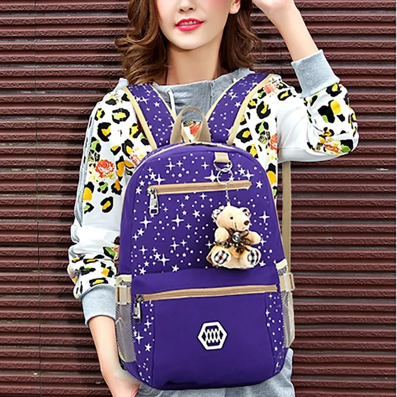 Women 3pcs/set Canvas Backpack Bagpack Star Printing Cute Backpacks With Bear Bagpack For Teenagers Girls Back Pack Bagpack Women 3pcs/set Canvas Backpack Bagpack Star Printing Cute Backpacks With Bear Bagpack For Teenagers Girls Back Pack Bagpack