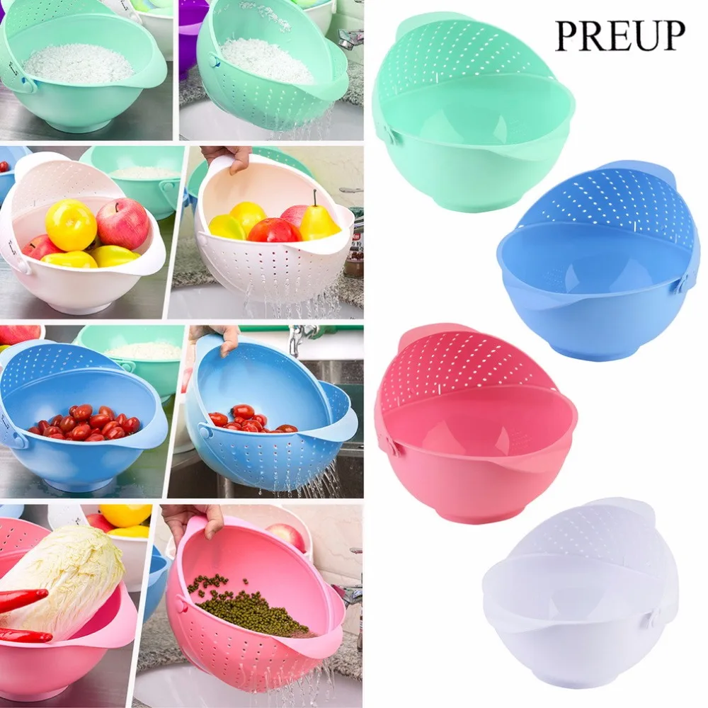 

PREUP 3 in 1 Clamshell Rice Fruit Vegetable Wash Strainer Sieve Kitchen Tool Rice Wash tools drainer device strainer 4 Colors