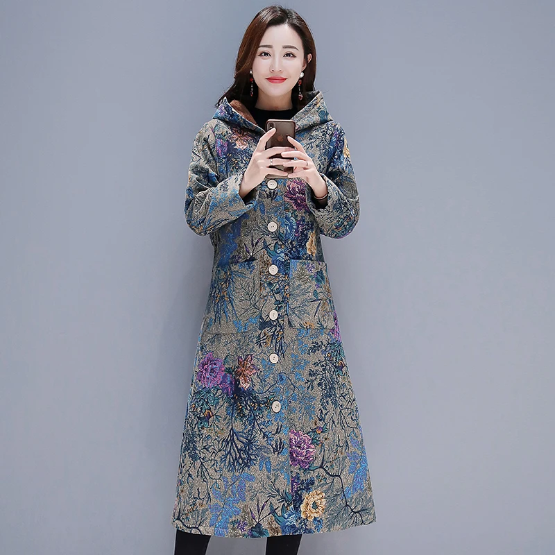 Зимняя женская ветровка, пальто большого размера, этнический стиль, ретро принт, с капюшоном, длинный темперамент, плюс бархат, Тренч, пальто LL186