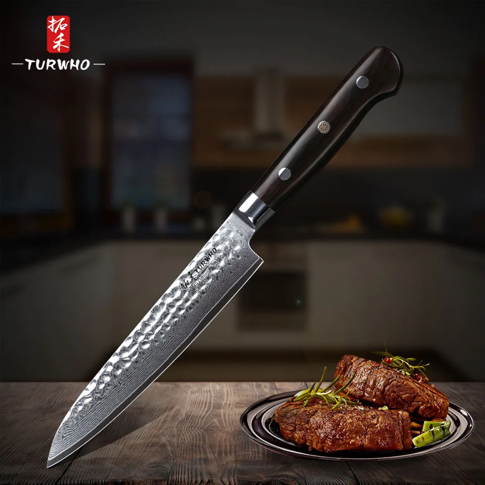TURWHO 6 дюймов Универсальный нож японский дамасский стальной кухонный нож профессиональный шеф-повар фруктовый пилинг нож для очистки овощей с черной ручкой