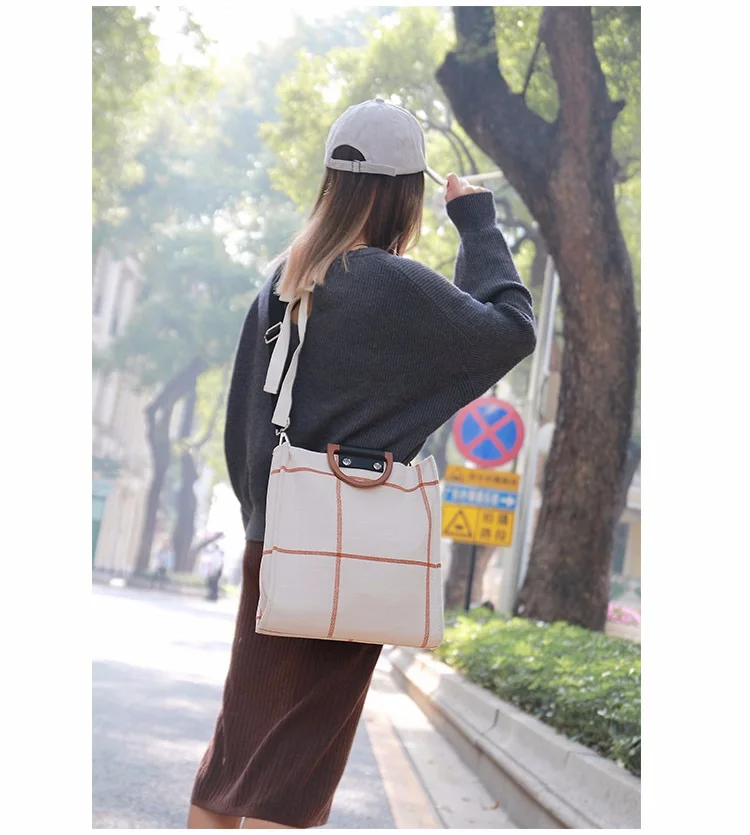 MJ Women Plaid Canvas Tote Casual Beach Bags Big Capacity Women Shopping Bag Daily Use Canvas Handbag Cotton Linen Shoulder Bag (7)