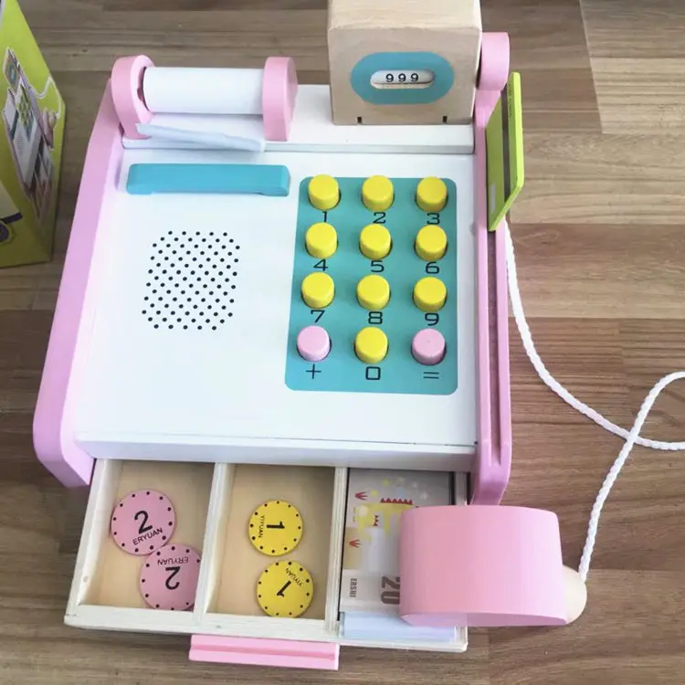  Pink Simulation Cash Register Wooden Toys For Kids Montessori Educational Toys Cashier Desk Baby To