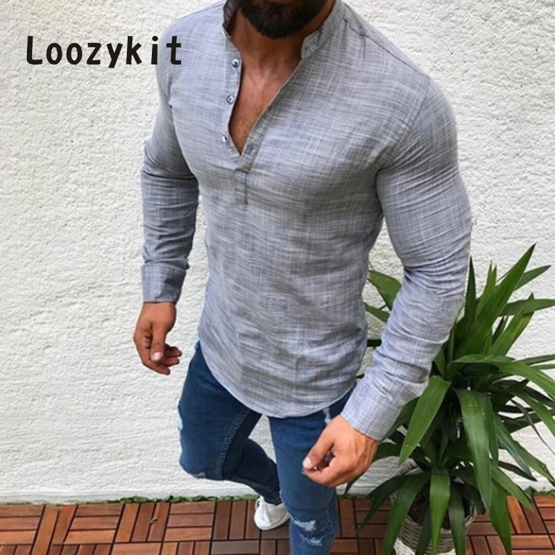 

LOOZYKIT Men Shirts Buttons Collar Long Sleeve V Neck Cotton Linen Shirt Tops Male Spring Autumn Flax Tops camisetas hombre