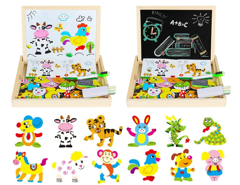 Деревянные детские развивающие игрушки Магнитные головоломки игровой набор мольберт Маркерная Доска Веселые многоразовые наклейки для детей Подарки - Цвет: Zodiac chalk board