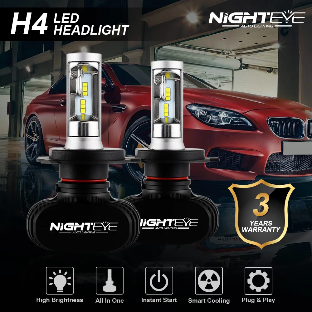 

NIGHTEYE 2PCS Super Bright 50W 8000LM H4 9003 HB2 Auto Car LED High/Low Beam Headlight Bulbs 12V Projector Lens 6500K Fog Lights
