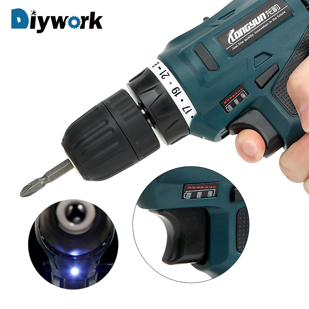 

DIYWORK Cordless Electric Drill 16.8V Dual Speed Variable Speed Switch Additional Double Lithium-ion Battery LED Lighting