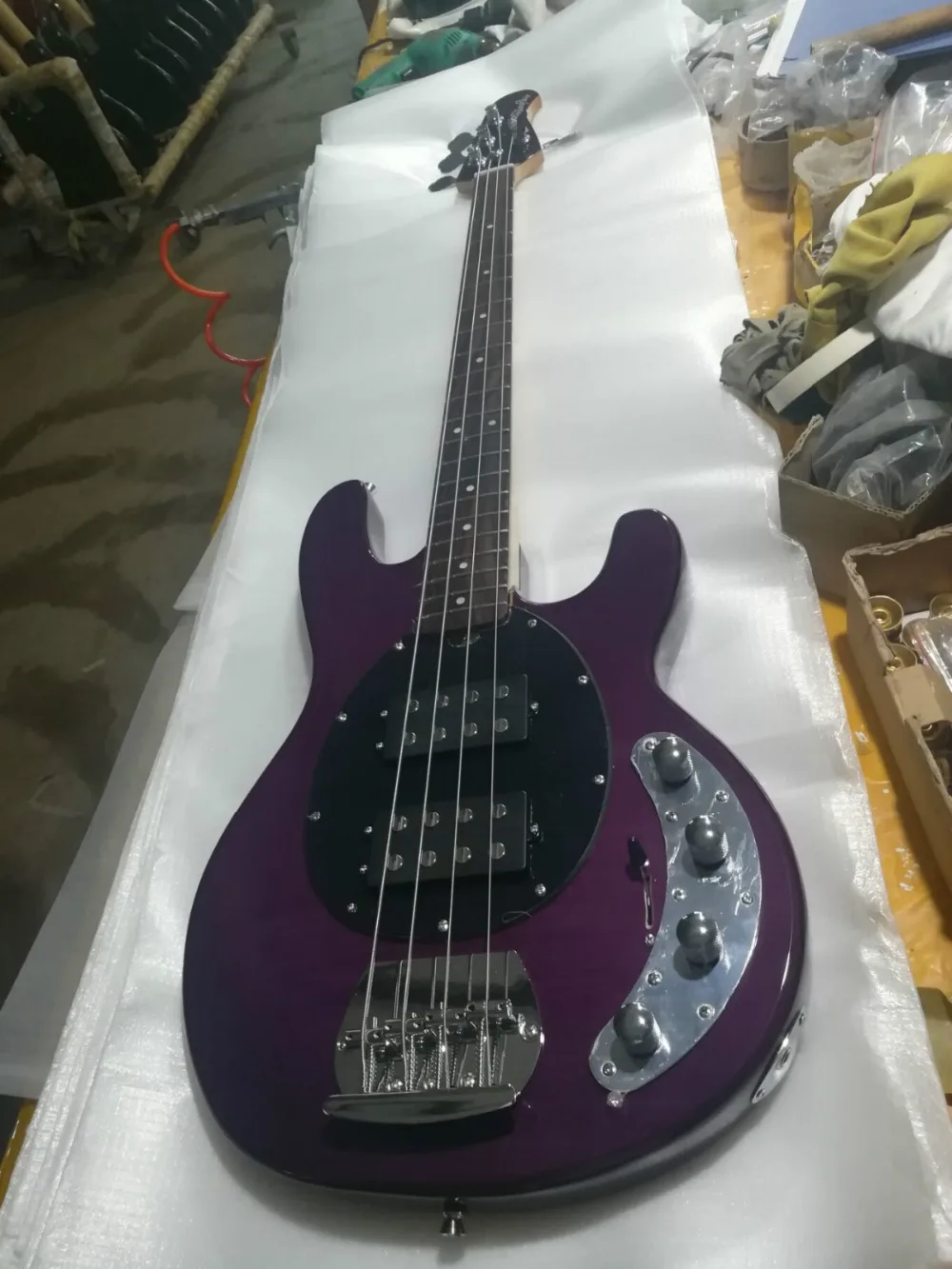 

Top quality FDMB-7007 transparent purple color black plate solid body active pickup 4 strings Musicman Bass , Free shipping