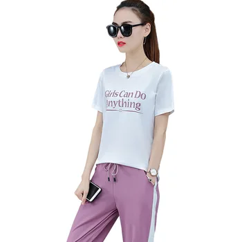 

Rlyaeiz New 2 Pieces Set Women Tracksuit 2019 Summer Casual Cotton Letter Tshirts + Striped Ankle-Length Pants Female Sweat Suit
