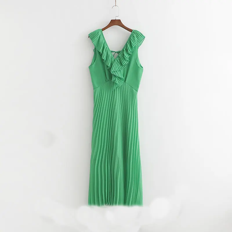 

Stylish Elegant Women Green Ruffled V-Neck Long Dress Chic Back Bow Tie Zipper Pleated Dresses Casual Vestidos Mujer