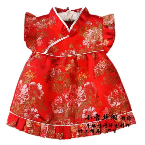 Новое платье для малышей Детское шелковое жаккардовое китайское платье Эксклюзивное Платье Чонсам для малышей от 4 месяцев до 3 лет, 12 лет,, QZ-7 - Цвет: red peony