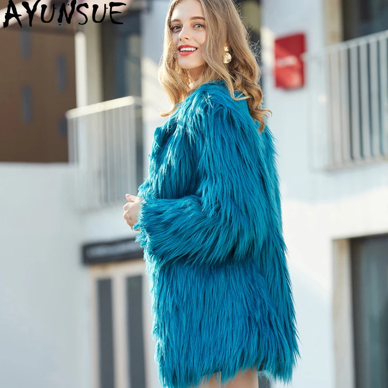 

AYUNSUE Blue Faux Fur Coat Women Long Furry Jacket Autumn Winter 2019 Fur Coats Female Shaggy Jacket Casaco Feminino KJ985