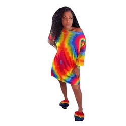 Tie Dye печати Свободные африканские Дашики платье рукав летучая мышь рубашка платье женское летнее миди винтажное платье Vestidos