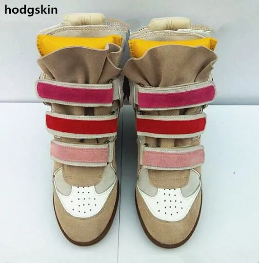 

2019 Autumn Flats Hook & Loop Mixed Colors Concealed Wedge Women Boots Casual Height Increasing Wedges Shoes For Women