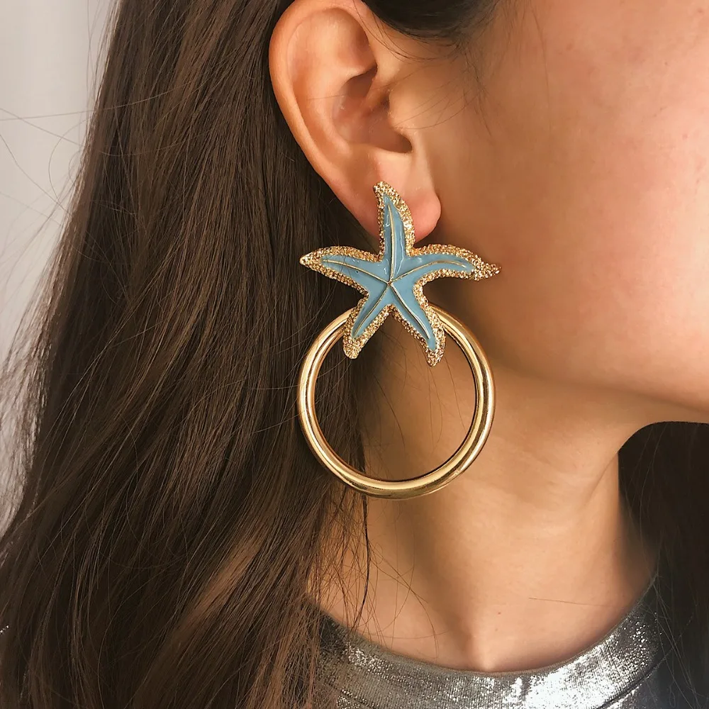 

KMVEXO Fashion Women Bohemian Style Blue Starfish Conch Big Circle Round Drop Earrings Beach Ocean Stars Statement Boho Earrings