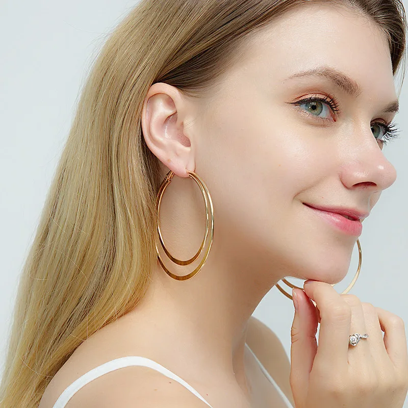 

2019 Classic Oversize Big Circle Alloy Women's Earrings Fashion Simple Geometric Large Double Gold Silver Round Earrings