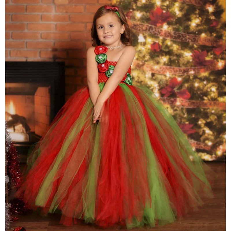 

Red Green Flower Girl Wedding Dresses Vestido for Kids Christmas Pageant Pearls Rose Flower One Shoulder Ankle Length Tutu Dress