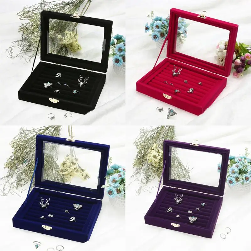 Fashion Ring Earrings Jewelry Box Display Storage Velvet Jewelry Case Casket Glass Cover Jewelry Organizer Holder Rack