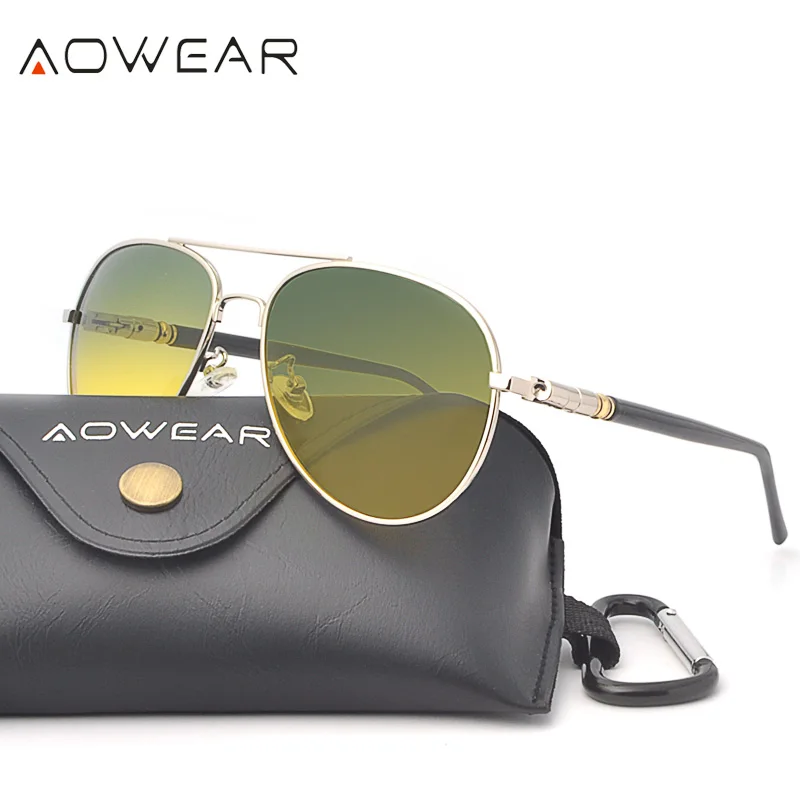 AOWEAR очки дневного и ночного видения для вождения, мужские HD классические Поляризованные солнечные очки пилота желтого цвета для мужчин и женщин