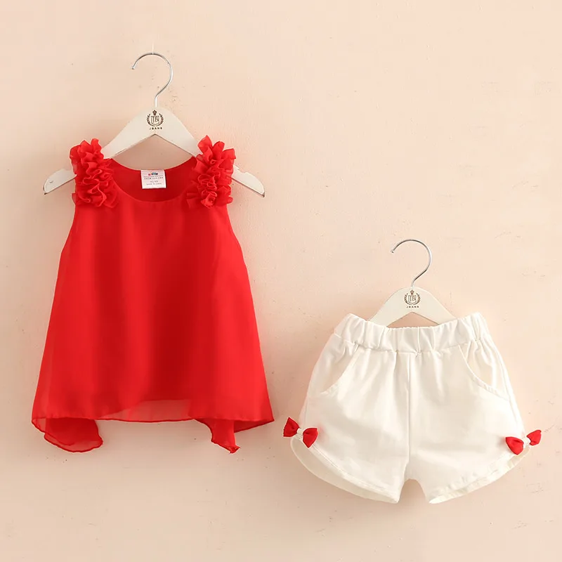 Casual Cute 2 3 4 5 6 8 10 Years Solid Color Bow Flower Sleeveless T-shirt+Shorts 2 Pcs Baby Kids Girls Summer Clothing Set