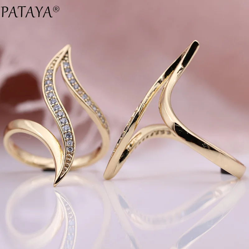 

PATAYA New Fine Hyperbole Curve Women Rings White Round Micro Wax Inlay Natural Zircon 585 Rose Gold Fashion Jewelry Unique Ring