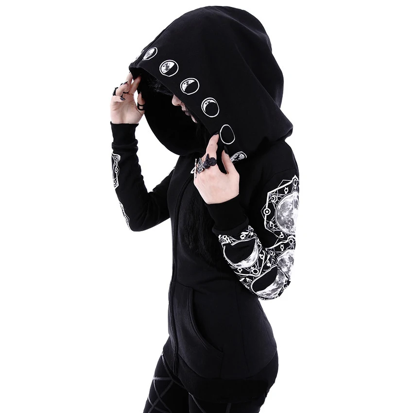  Sisjuly Vintage Gothic Black Hoodie Crescent Moon Zipper Pocket Hooded Hoodies Women Spring Pentacl