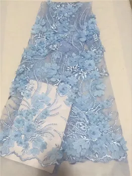 

Green lace fabric 5 yards per lot french tulle lace fabric 3D Flower with beads very fancy african lace fabric sky blue white