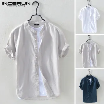 

INCERUN Men Shirt Vintage Plain Short Sleeve Stand Collar Breathable Cotton Tops Harajuku 2020 Casual Brand Shirts Men Clothes