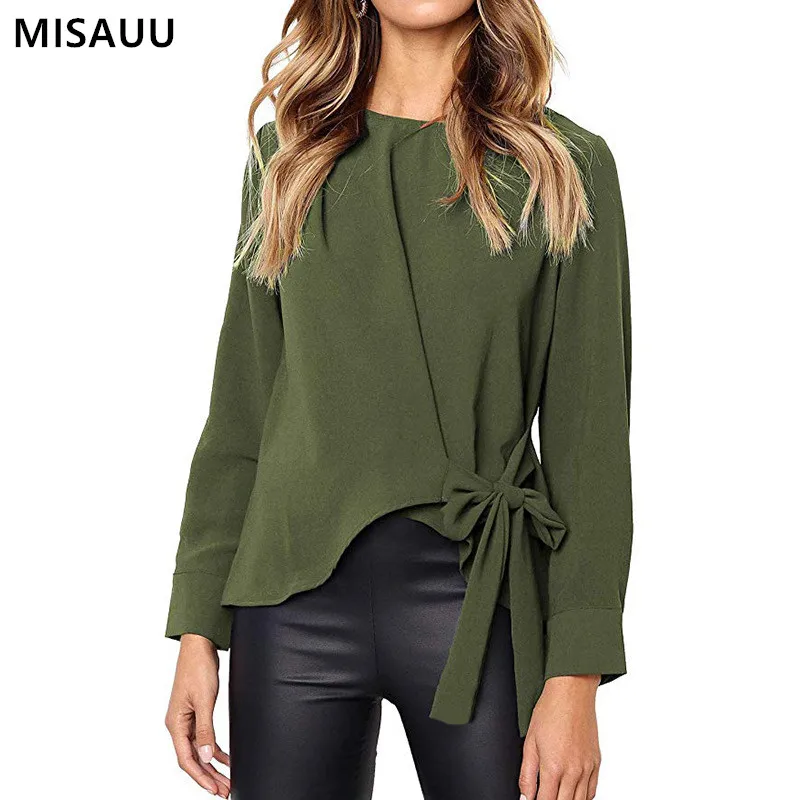 

MISAUU Women Tops Blouses 2018 Autumn Elegant Long Sleeve Solid O-Neck Chiffon Blouse Female Work Wear Shirts Blouse Blusas