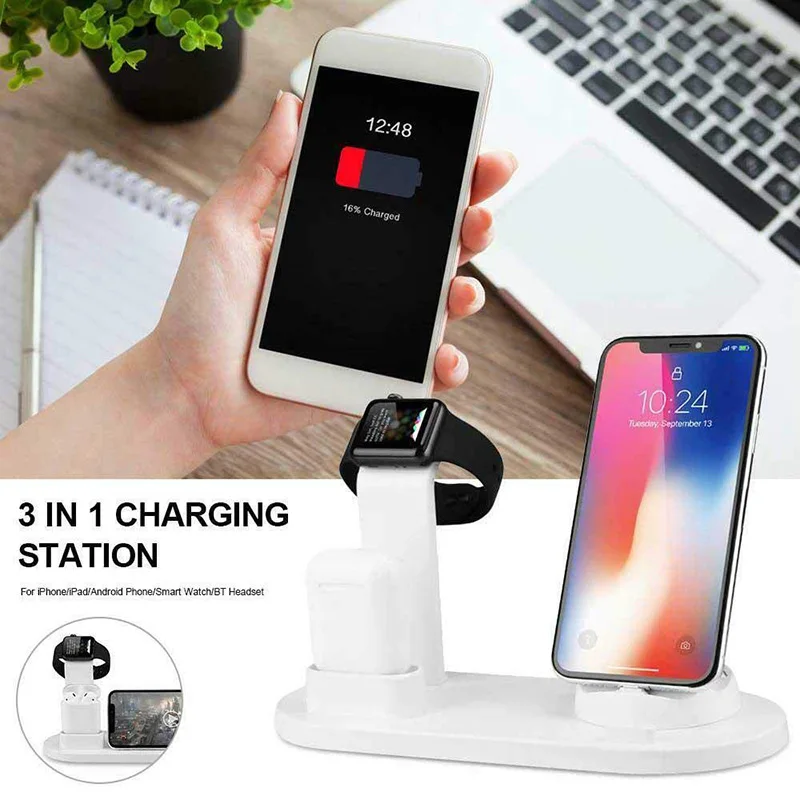

Multi-function Safety Wireless charger 3 in 1 phone watch headset charging bracket for Apple watch aripods plastic charging base