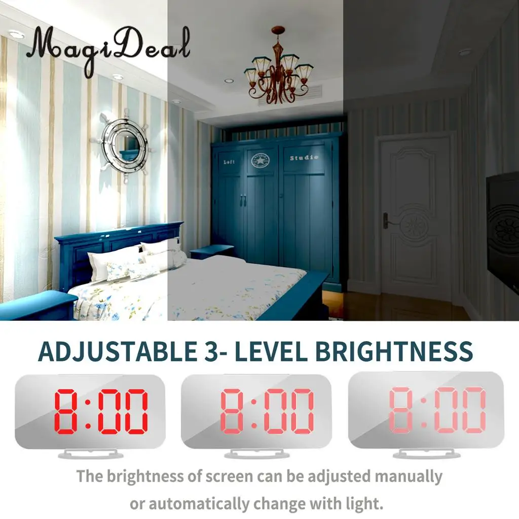 Phone Charging USB Alarm Clock Digital Clock with Large Easy-Read LED Display Diming Mode Snooze Function Mirror Surface