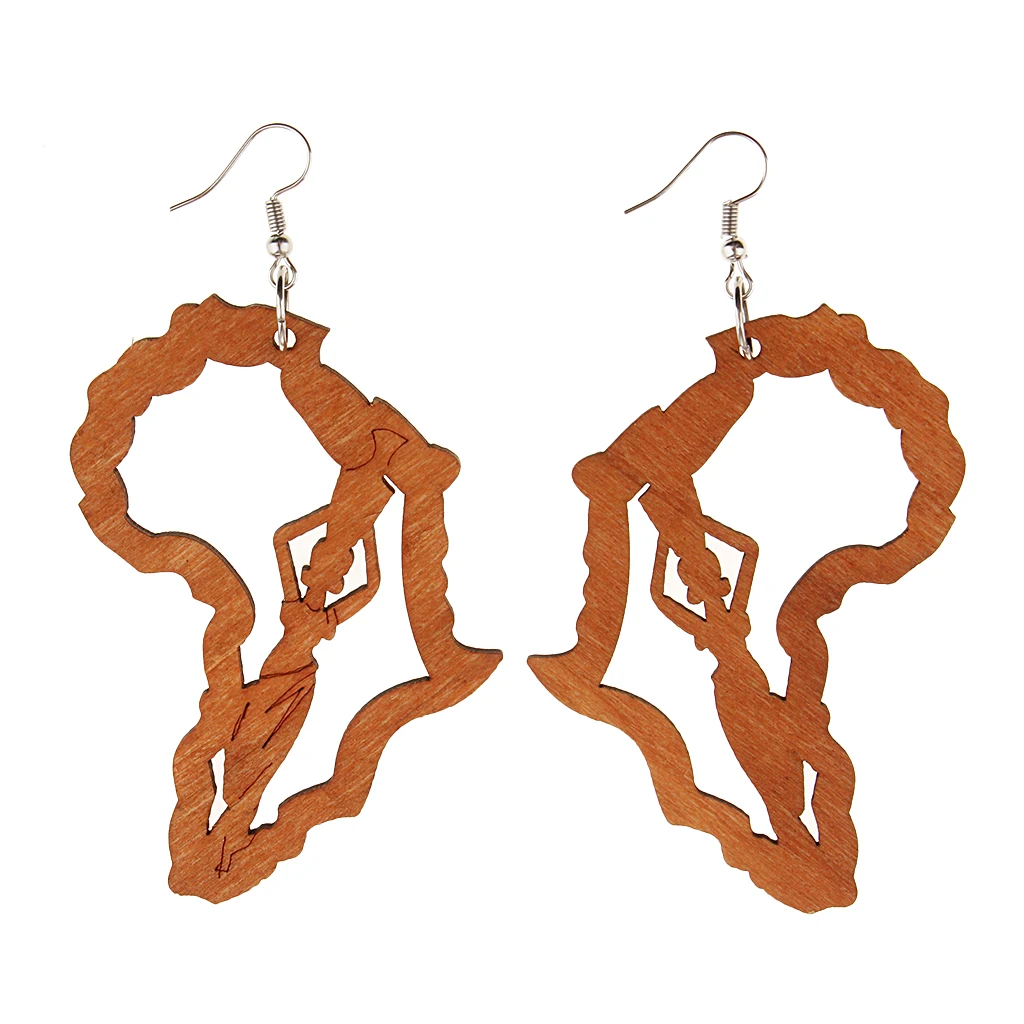 Retro Ethnic Natural Women Girl Wooden African Map Tribal Drop Hoop Earring 
