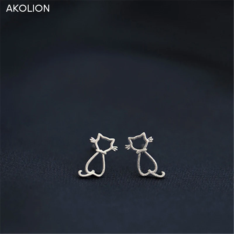 

AKOLION Cute Silver Hollow Cat Earrings Stud For Girl Women Wholesale Party Gifts kitten Jewelry Earrings Accessory