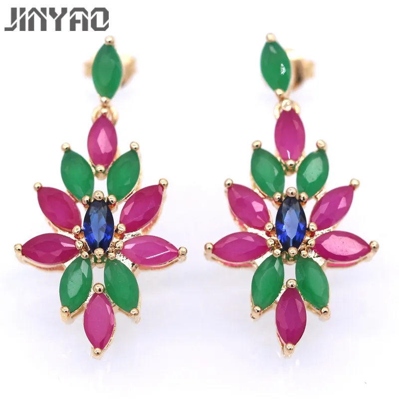

JINYAO Fashion Gold Color Green&Red Zircon Rhombus Flower Earring For Women Wedding Party Jewelry