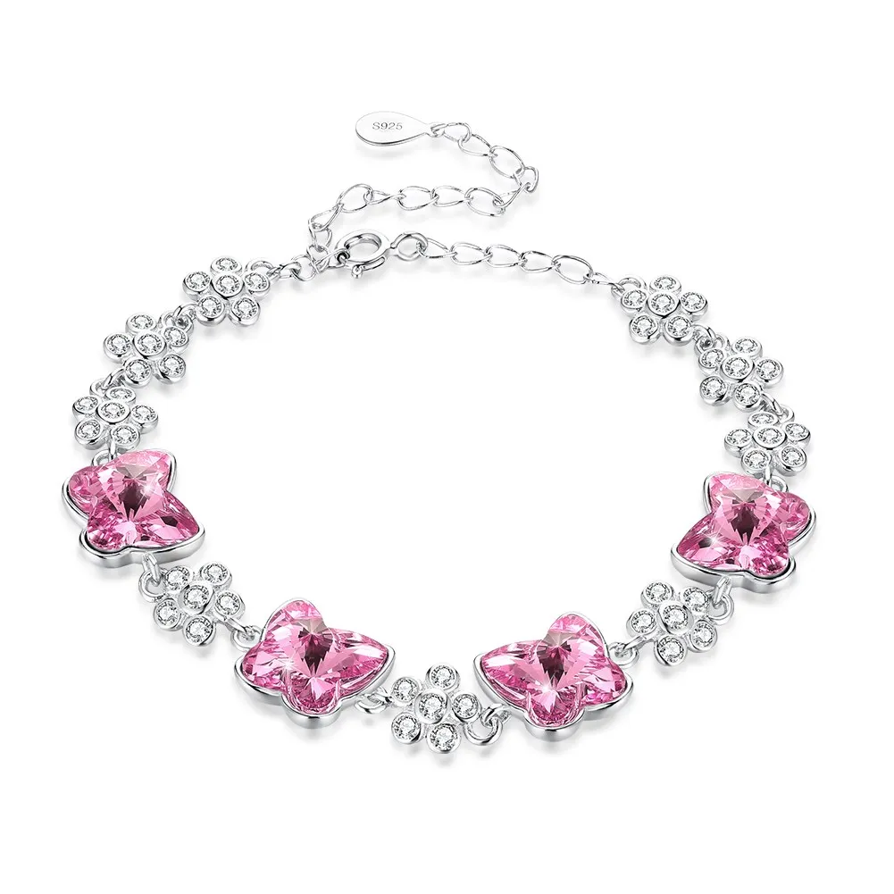 

INALI S925 Stering Silver Bracelet With Butterfly Stone Crystals from Swarovski for Women Bracelet Blue Pink Rhinestone Elegant