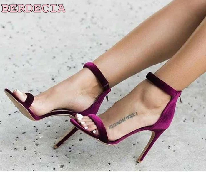 

2017 summer new purple velvet open toe high heel sandals hollow wrist strap thin heel woman dress shoes back zipper fit sandals