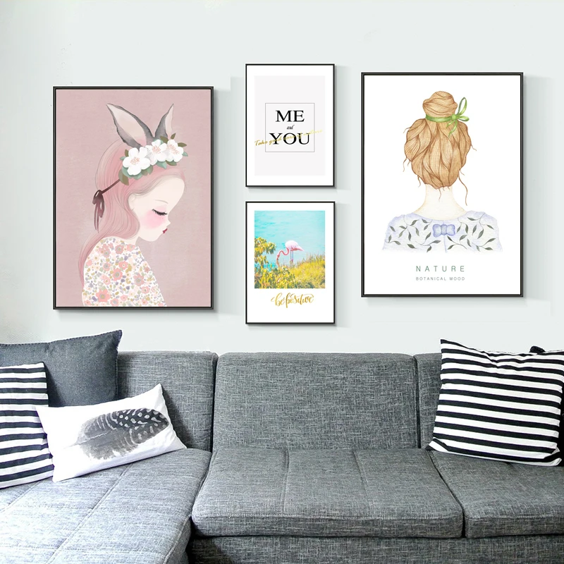 

Cartoon Canvas Painting Girl Nordic Poster Baby Room Home Decor Animal Print Canvas Painting Flamingo Art For Living Room Wall