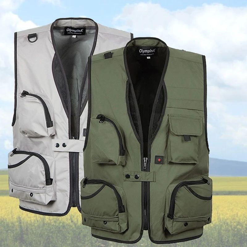 

2018 Spring Summer Men Vests Male Mesh Breathable Vest Reporter Many Pockets Plus Size Casual Waistcoats 4XL 5XL D145