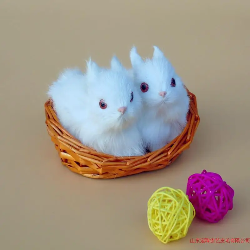 

a pair of cute simulation rabbit toys plastic&fur mini rabbit models in a small basket gift about 11x7x7cm a5