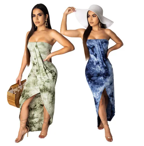 

Streetwear Dress Tie Dye Dress Sheath Print Summer Women Clothing 2019 Sleeveless Strapless Robe Femme Longue Slash Neck Clothes