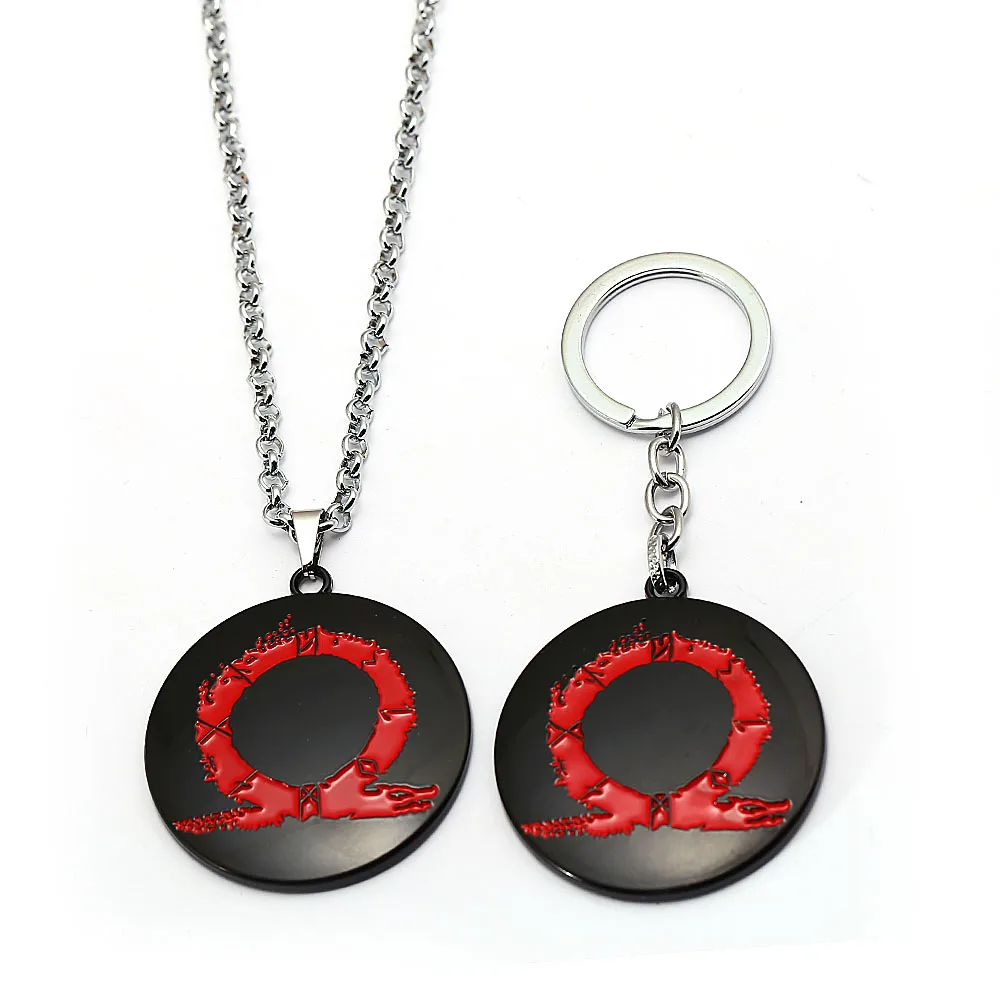 

Game God Of War 4 Keychain Kratos Black Metal Logo Key Ring Round Pendants Kolye Colar llaveros Accessories Porte Clef HF10809