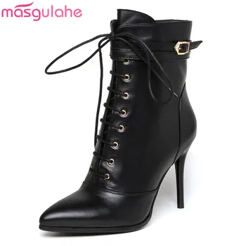 

Masgulahe high quality genuine leather boots for women high heels fashion ankle boots pointed toe ladies shoes