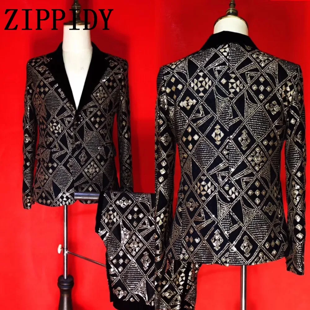 

Black Silver Sequins Slim Jacket Men's Suit Set Bar Male Singer Wedding Host Outfit Slim Individuality Evening Stage Wear