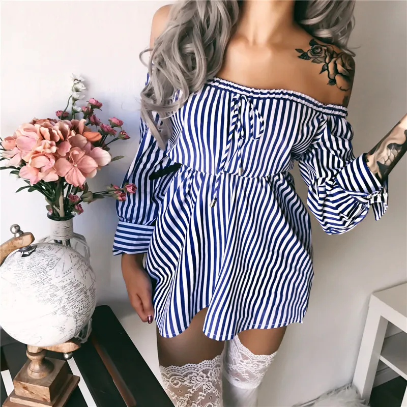

Off Shoulder Striped Shirt Dresses Women Long Sleeve Slash Neck Mini Wrap Dress Nice Fashion Sundress Stripes Vestidos De Festa