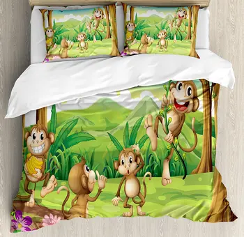 

Tropical Duvet Cover Set Digital Dot Featured Fun Monkey Face Portrait Little Geometrical Rounds Print Bedding Set Tan Brown