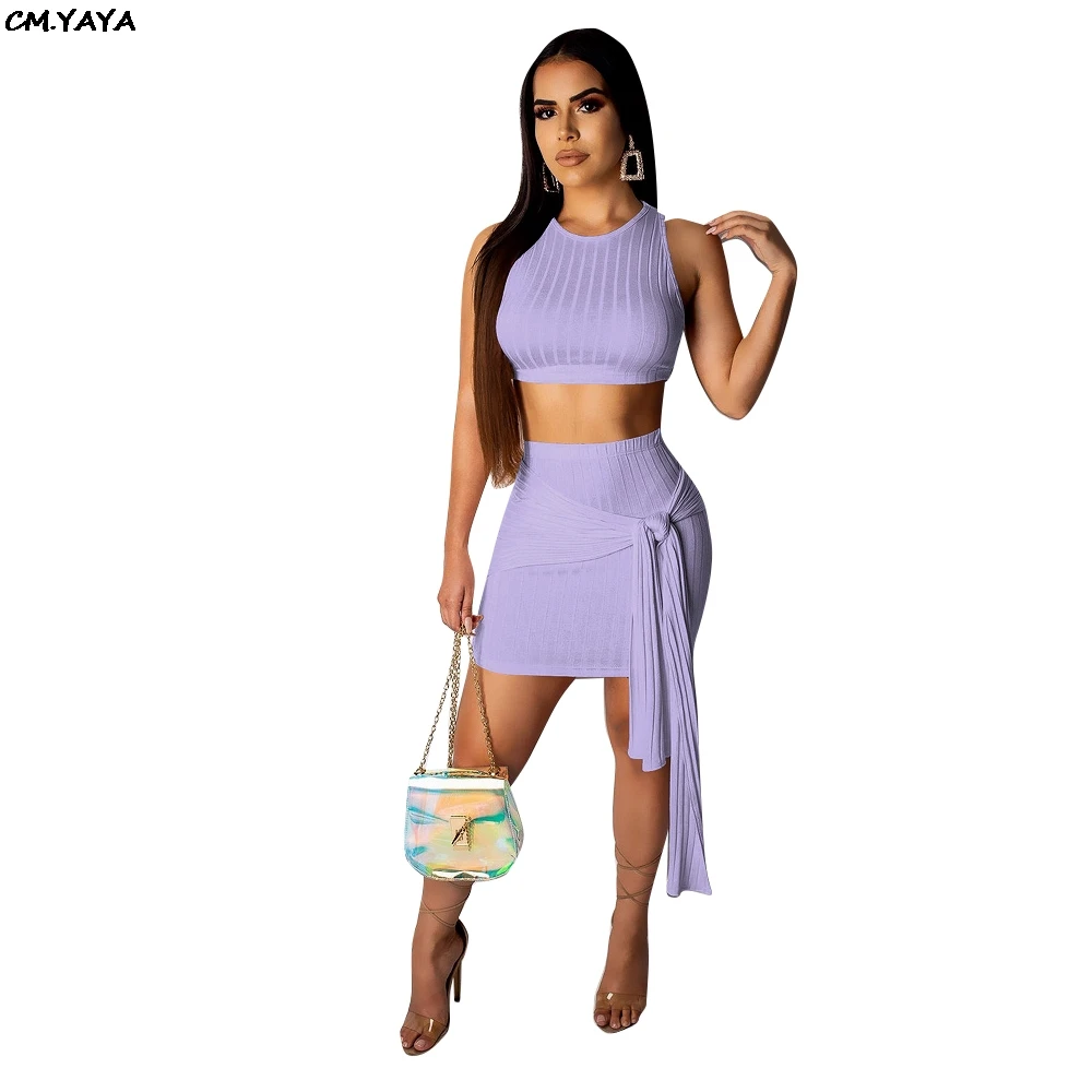 

women knitted sleeveless tank sweater short tee top tie up sexy above knee mini midi skirts suit 2pcs set tracksuit dress S3525