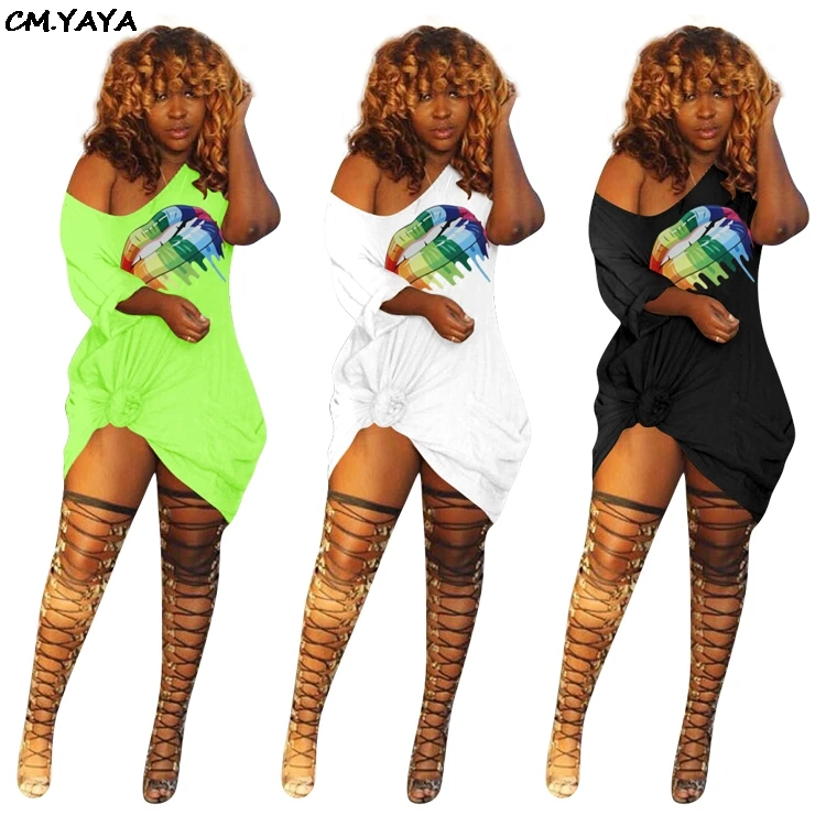 

2019 women new off shoulder summer sexy painting lip mouth loose half length sleeve fashion dress 3 color vestidos dresses M6162