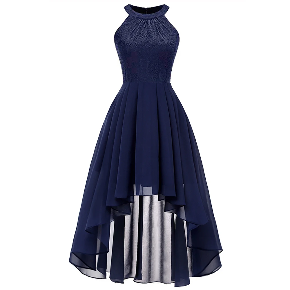 

Women Elegant Asymmetrical Halter Ladies Lace Chiffon Dress 2019 Summer Sleeveless Irregular Navy Blue Evening Party Dress
