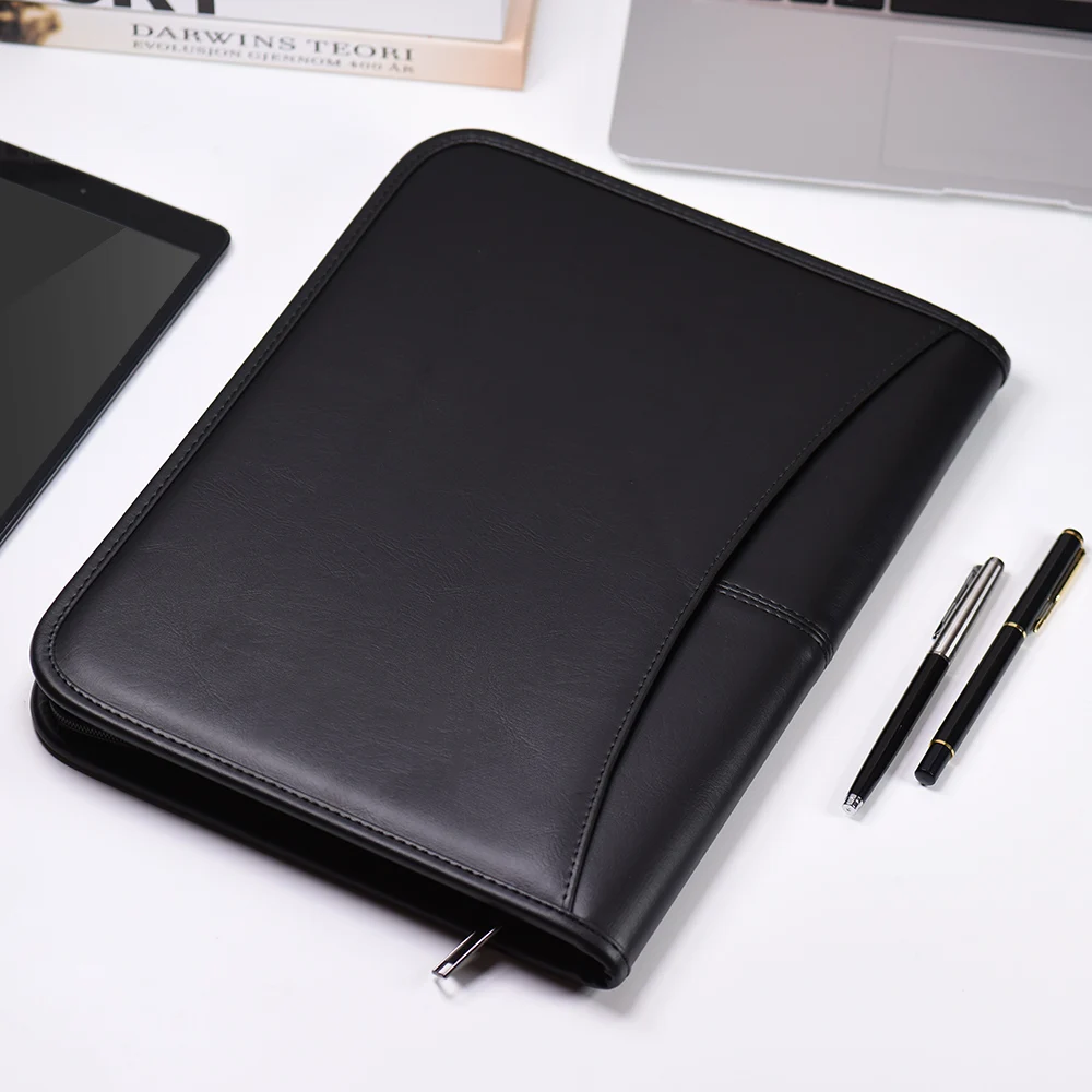 Leather office document folder Multifunctiona Business Portfolio Folder Zippered Closure with Business Card