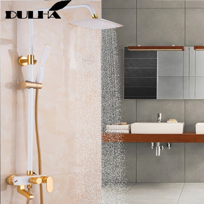 

LUXURY Gold With White Color Bathroom Douche Shower System Set Big Rain Faucet Mixer Mixing Valve Shower Head Hand Sprayer
